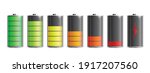 Discharged and various level energy alkaline batteries infographic set, realistic vector illustration isolated on background. Electric power accumulators bundle.