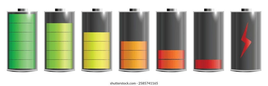 Discharged and various level energy alkaline batteries infographic set, realistic vector illustration isolated on background. Electric power accumulators bundle