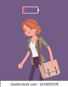 Discharged woman, low power battery. Empty weary girl, feeling tired, fatigued after working, extremely bored unmotivated employee, lack of energy, enthusiasm. Vector flat style cartoon illustration