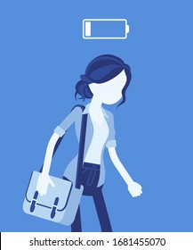 Discharged woman, low power battery. Empty weary girl, feeling tired, fatigued after working, extremely bored unmotivated employee, lack of energy, enthusiasm. Vector illustration, faceless character