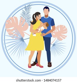 Discharging from maternity hospital. Young parents are holding a baby in their arms. In minimalist style. Cartoon flat vector illustration