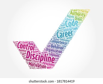 Discipline check mark word cloud collage, concept background