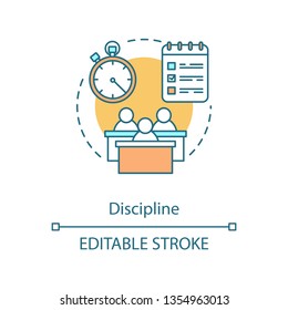 Discipline concept icon. Time management. Class time. Timetable. Examination. Students in audience. Working day idea thin line illustration. Vector isolated outline drawing. Editable stroke