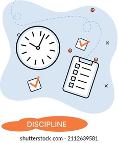 Discipline concept icon. Time management. Working day idea metaphor. Daily affairs of person, indicators of time for work, hobby, study, rest. Fulfillment of planned plans according to regulations