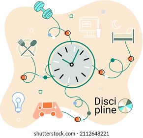 Discipline Concept Icon. Zeitmanagement. Zeitplan. Arbeitstag Idee dünne Linie Illustration. Tagesplan, Tagesgeschehen des Menschen, Indikatoren für die Zeit für die Erholung, Arbeit, Schlaf, Nahrung und Hobby