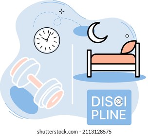 Discipline Concept Icon. Zeitmanagement. Ideenmetapher am Arbeitstag. Tägliche Angelegenheiten der Person, Indikatoren für die Zeit für Arbeit, Hobby, Studium, Ruhe. Erfüllung geplanter Pläne nach Vorschriften