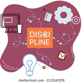 Icono de concepto de disciplina. Gestión del tiempo. Metáfora de ideas de la jornada laboral. Asuntos cotidianos de las personas, indicadores de tiempo para el trabajo, hobby, estudio, descanso. Cumplimiento de los planes previstos de conformidad con las normas