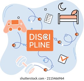 Discipline concept icon. Time management. Working day idea metaphor. Daily affairs of person, indicators of time for work, hobby, study, rest. Fulfillment of planned plans according to regulations