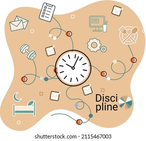 Discipline concept icon. Time management. Working day idea metaphor. Daily affairs of person, indicators of time for work, hobby, study, rest. Fulfillment of planned plans according to regulations