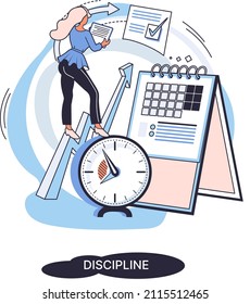 Discipline concept icon. Time management. Working day idea metaphor. Daily affairs of person, indicators of time for work, hobby, study, rest. Fulfillment of planned plans according to regulations