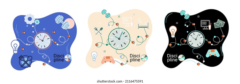 Icono de concepto de disciplina. Gestión del tiempo. Metáfora de ideas de la jornada laboral. Asuntos cotidianos de las personas, indicadores de tiempo para el trabajo, hobby, estudio, descanso. Cumplimiento de los planes previstos de conformidad con las normas