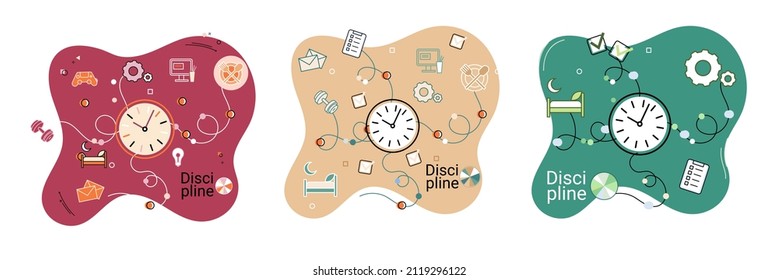 Icono de concepto de disciplina. Gestión del tiempo. Metáfora de ideas de la jornada laboral. Asuntos cotidianos de las personas, indicadores de tiempo para el trabajo, hobby, estudio, descanso. Cumplimiento de los planes previstos de conformidad con las normas