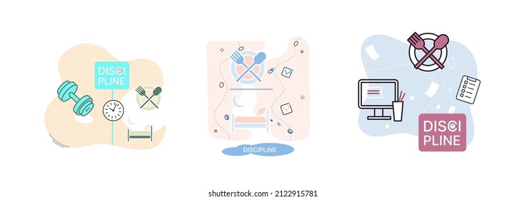 Icono de concepto de disciplina. Gestión del tiempo. Metáfora de ideas de la jornada laboral. Asuntos cotidianos de las personas, indicadores de tiempo para el trabajo, hobby, estudio, descanso. Cumplimiento de los planes previstos de conformidad con las normas