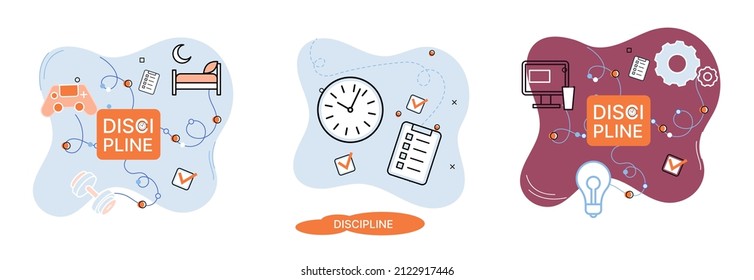 Discipline concept icon. Time management. Working day idea metaphor. Daily affairs of person, indicators of time for work, hobby, study, rest. Fulfillment of planned plans according to regulations