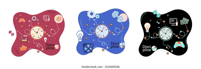 Icono de concepto de disciplina. Gestión del tiempo. Metáfora de ideas de la jornada laboral. Asuntos cotidianos de las personas, indicadores de tiempo para el trabajo, hobby, estudio, descanso. Cumplimiento de los planes previstos de conformidad con las normas