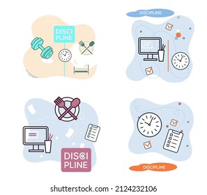 Icono de concepto de disciplina. Gestión del tiempo. Metáfora de ideas de la jornada laboral. Asuntos cotidianos de las personas, indicadores de tiempo para el trabajo, hobby, estudio, descanso. Cumplimiento de los planes previstos de conformidad con las normas