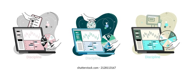 Icono de concepto de disciplina. Gestión del tiempo. Metáfora de ideas de la jornada laboral. Asuntos cotidianos de las personas, indicadores de tiempo para el trabajo, hobby, estudio, descanso. Cumplimiento de los planes previstos de conformidad con las normas