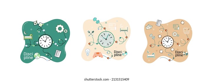 Discipline concept icon. Time management. Working day idea metaphor. Daily affairs of person, indicators of time for work, hobby, study, rest. Fulfillment of planned plans according to regulations