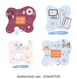 Icono de concepto de disciplina. Gestión del tiempo. Metáfora de ideas de la jornada laboral. Asuntos cotidianos de las personas, indicadores de tiempo para el trabajo, hobby, estudio, descanso. Cumplimiento de los planes previstos de conformidad con las normas
