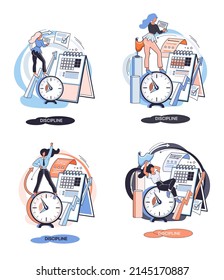 Icono de concepto de disciplina. Gestión del tiempo. Metáfora de ideas de la jornada laboral. Asuntos cotidianos de las personas, indicadores de tiempo para el trabajo, hobby, estudio, descanso. Cumplimiento de los planes previstos de conformidad con las normas