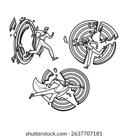 discipline goal breaking target vector. persistence strategy, planning resilience, determination ambition discipline goal breaking target character. people black line pencil drawing illustration