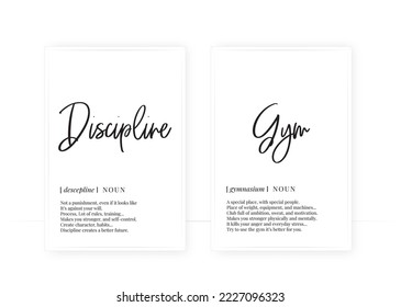 Discipline And Gym definition, vector. Minimalist modern poster design. Motivational, inspirational quotes. Noun description. Wording Design isolated on white background, lettering. Wall art artwork