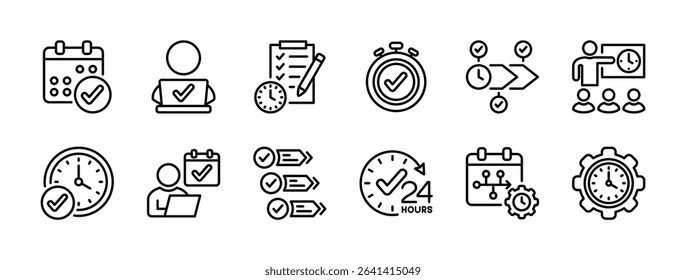 Discipline icon set. Contains core, time management, rules, behavior, on schedule, diligent employee, hard work, step, plan, strategy, timetable, commitment, routine, calendar. Vector illustration