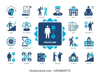 Conjunto de iconos de disciplina. Reglas, Comportamiento, Ejército, Responsabilidad, Trabajo Duro, Diligencia, Gestión del Tiempo, Castigo. Iconos sólidos de color duotono