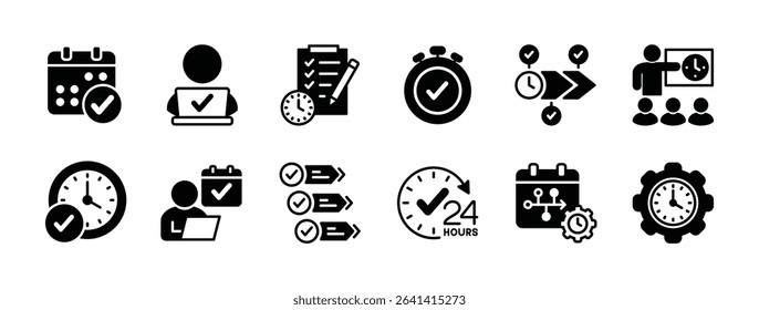 Discipline icon vector set. Contains core, time management, rules, behavior, on schedule, diligent employee, hard work, step, plan, strategy, timetable, commitment, routine. Illustration