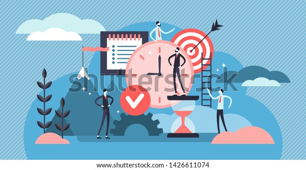 Discipline vector illustration. Flat tiny\
self control system persons concept. Abstract target and to do list\
symbolic success lifestyle with productive time management and goal\
effort development.