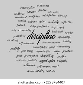 Discipline word cloud. Composition of words for discipline habits. Personal development and self-improvement. Isolated background.