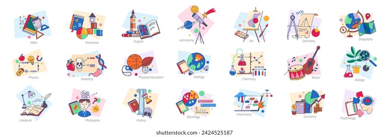 Disciplines and subjects at school, lessons and classes of math and English, physics and anatomy. Vector icon for education, philosophy and literature, history and geology, chemistry and music