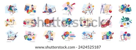 Disciplines and subjects at school, lessons and classes of math and English, physics and anatomy. Vector icon for education, philosophy and literature, history and geology, chemistry and music [[stock_photo]] © 