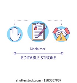 Disclaimer concept icon. Dangerous collaboration. Participation in dubious enterprise. Resignation letter idea thin line illustration. Vector isolated outline drawing. Editable stroke