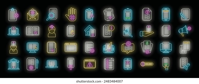 Disclaimer icons set outline vector. Waiver defence. Justice house neon color on black