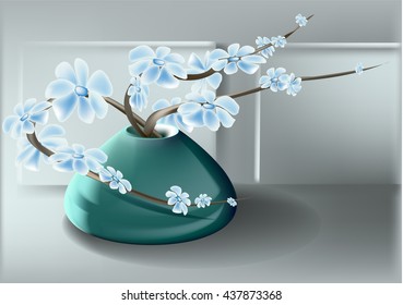disclosed flowers on the branches of a tree standing in a low vase on a light background