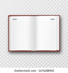 Disclosed notebook on isolated transparent background. The blank ruled pages. The model for design. Мock-up.Template with blank sheets.3D realistic vector illustration with shadow.