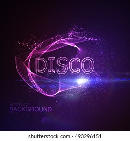 Disco 3D Neon Sign. Vector Glowing Illustration. Applicable For Party Flyer, Banner, Poster Designs. Entertainment Disco Concept. Disco 3D Sign With Particles And Lens Flare Effect