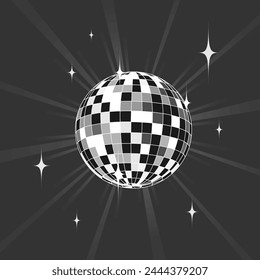 Disco 70s, 80s. Vector illustration of mirror ball on dark background