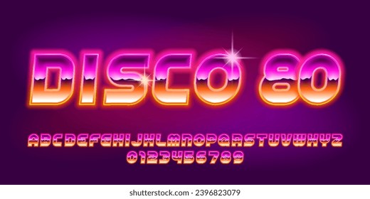 Tipo de letra Disco 80. El estilo de los años 80 brillaba por sus letras y números de neón. Escritura vectorial de material para su diseño.