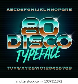 Disco 80 typeface. Shiny letters and numbers. Stock vector alphabet font for your design in retro 80’s style.