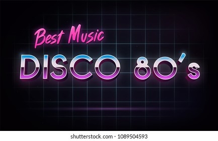 Disco 80's best music - banner. Retro 1980's neon grid in space. Vector illustration.