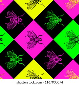 Disco 80s fly vector seamless pattern for fabric, wrapping, craft, cards, branding, textile