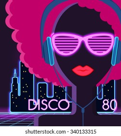 Disco 80's. Girl With Headphones. Party And Dance, Dj And Club, Disco Party, Disco Background, Disco Lights,  Music And Retro Sound Audio, Poster Vintage Illustration