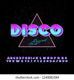 "Disco" 80's retro font. Vector typography for flyers, posters.Gold Effect shiny letters. 80s metallic style, Vintage metal.