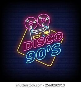 disco 90's neon sign style with brick wall background vector