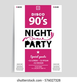 Disco 90's. Night party invitation flyer. Template for your event design. Vector eps 10.