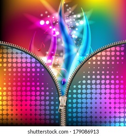 Disco abstract background with music notes covered by metallic zipper 