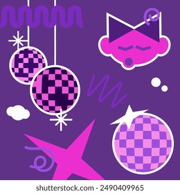 Disco abstract stickers. Sticker pack in outline style. Illustration with disco balls, different abstract shapes, the character of singing girl. Design in modern groove style. 