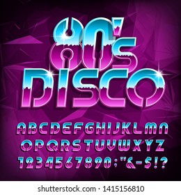 80’s Disco alphabet font. Letters, numbers and symbols on polygonal background. Stock vector typescript font for your design in retro 80s style.